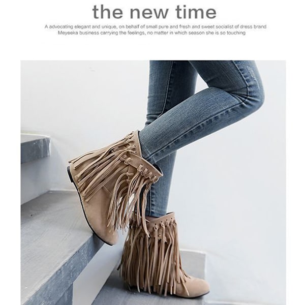 Fringe Cowboy Cowgirl Stövlar för Dam Spetsig Tå Dra På Klänning Western Ankelboots Beige 41