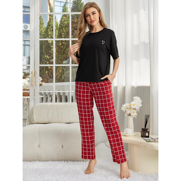 Dam Lounge Set i Bomull och Linne, Kortärmad Topp, Pyjamas, Långa Byxor Red L