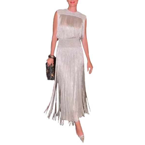 Dame 2-delt Sæt Frynser Kvaster Cami Crop Top og Lang Nederdel Festsæt silvery XS