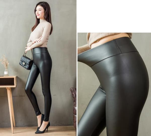 Damer med hög midja Skinny PU-läder Stretch Leggings Byxor M