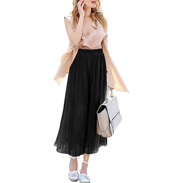 Dam Elastisk Midja Plisserade Chiffong Culottes Croppade Vida Ben Flödiga Byxor black L