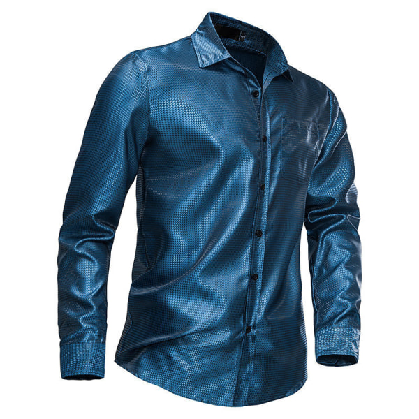 Miesten Kiiltävä Taskullinen Pitkähihainen Lapellinen Painettu Paita Blue XL
