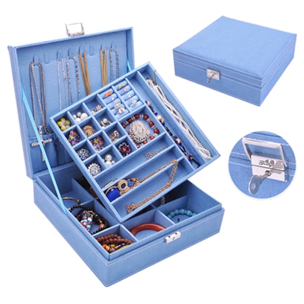 Sammets Smyckeskrin Organizer för Kvinnor, 2-lagers Smyckesdisplay Förvaringshållare Blue