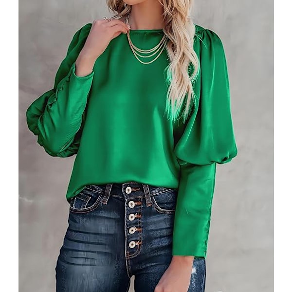Satinbluse med Puff-ermer for kvinner - Avslappet og løs topp Green XL