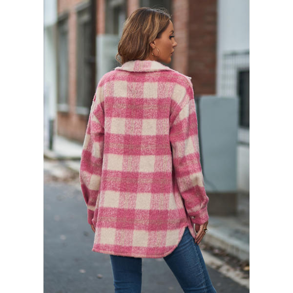 Dametøj Langærmet Casual Plaid Shacket Jakker Skjorter Lapel Tweed Peacoat Pink L