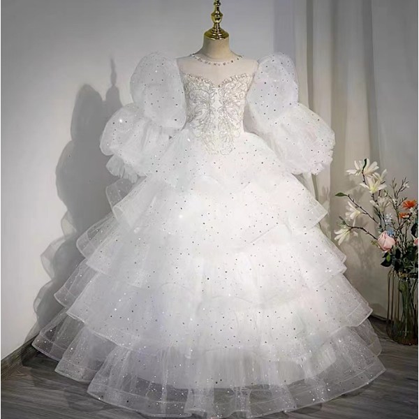 Flickklänning Spets Långärmad Prinsessan Tyll Balklänning Klänning white 100cm