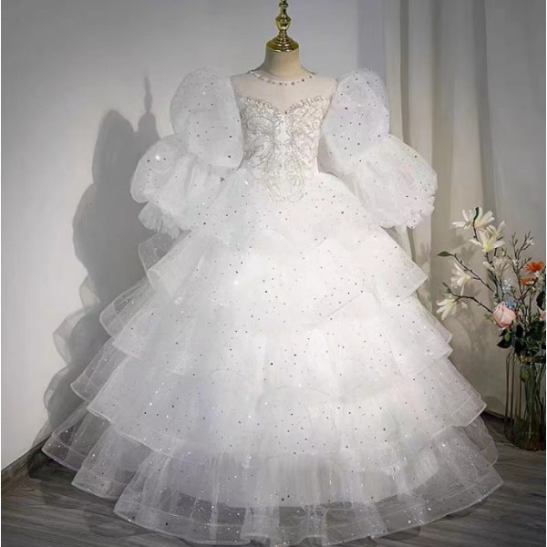 Flickklänning Spets Långärmad Prinsessan Tyll Balklänning Klänning white 110cm