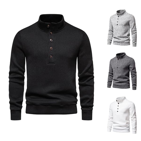 Herrar Turtleneck Knapp-Ner Långstickad Tröja Black XXL