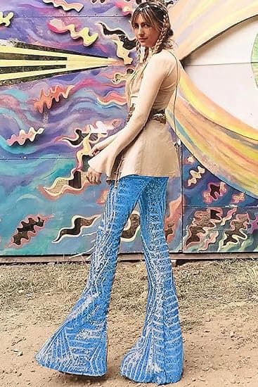 Kvinders Glitter Sequin Bredben Palazzo Bukser Flared Bukser Blue L