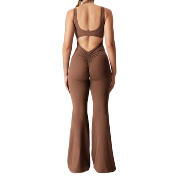 Dame Workout Jumpsuits Sexy Rygfri Gym Bodycon Scrunch Butt Yoga Rompers brown XL