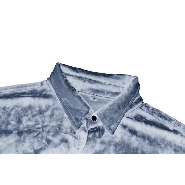 Herrar Långärmad Sammet Skjorta Knapp Ned Krage Hals Blus Topp Grey M