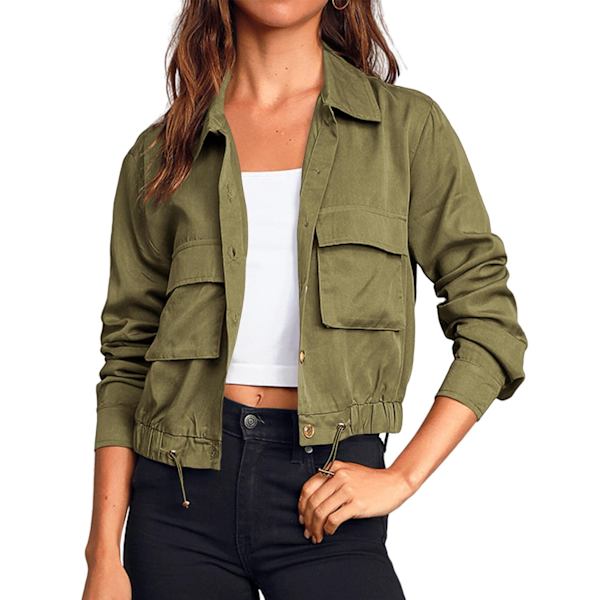Enkelknäppt långärmad tunn jacka med dragsko för kvinnor Army Green L