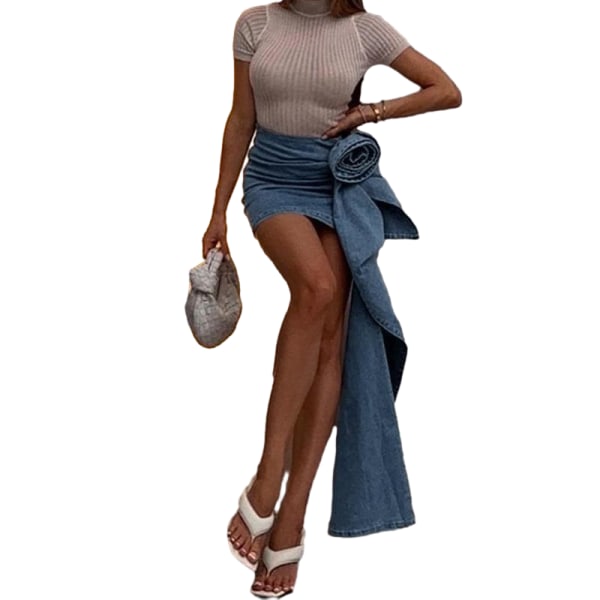 Naisten farkkuminiskirtti, 3D-ruusun riipus korkealla vyötäröllä M