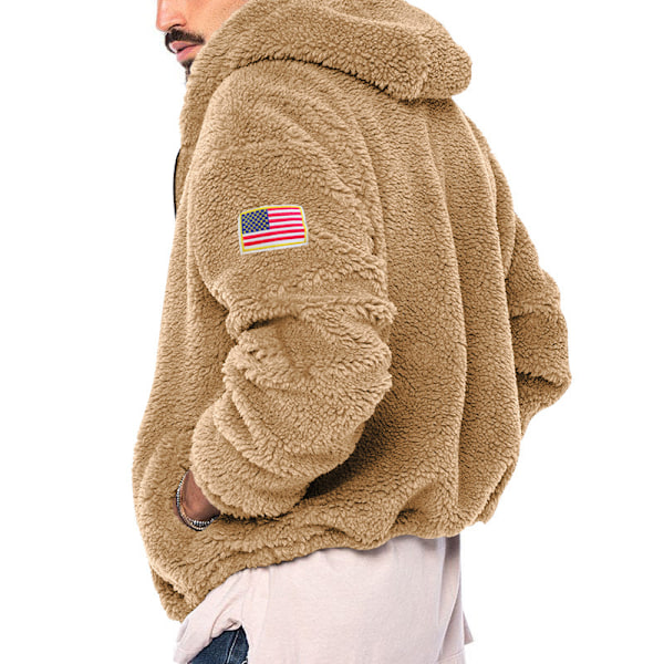 Mænds Vinter Sherpa Foret Hoodie Lynlås Trøje Jakke Khaki M