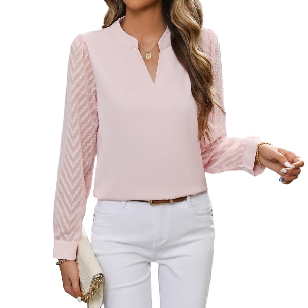 Kvinner Chiffon Bluser med Lange Ermer V-Hals Casual Skjorter Pink L