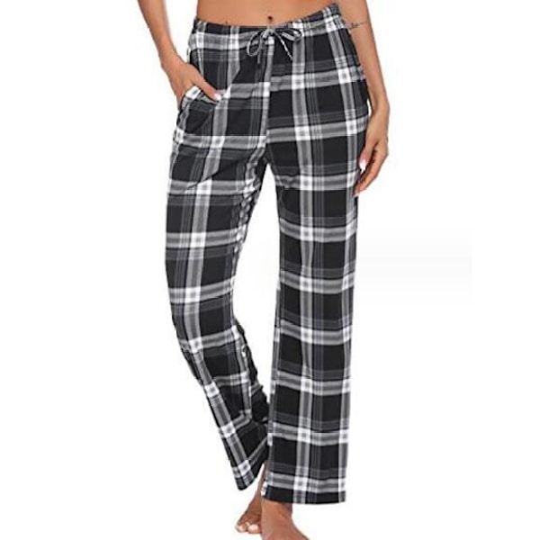 Naisten vyötäröllä nauhalla säädettävät ruudullinen pyjamahousut Black 2XL