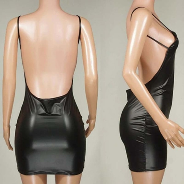 Dam konst PU läder rygglös Split Bodycon Club Cami Dress S