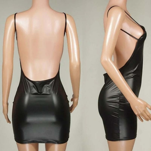 Kvindes Faux PU Læder Rygløs Split Bodycon Club Cami Kjole M