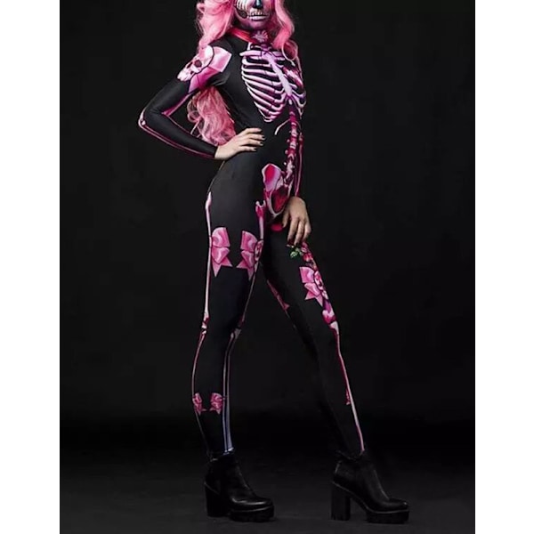 Dam Halloween Party Kostym Skalle Print Långärmad Jumpsuit Outfit Adult-Pink 3XL