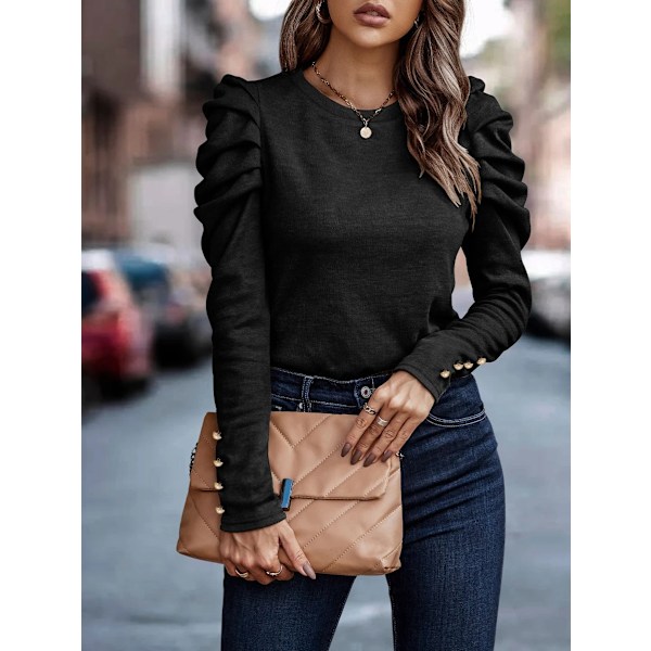 Kvinners Heldekkende Rundhals Puff Lang Erme Slim Fit Skjorte Topper Black M