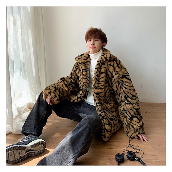 Mænds Vinter Kunstpelsjakke Tiger Print Oversize Yderbeklædning Yellow M