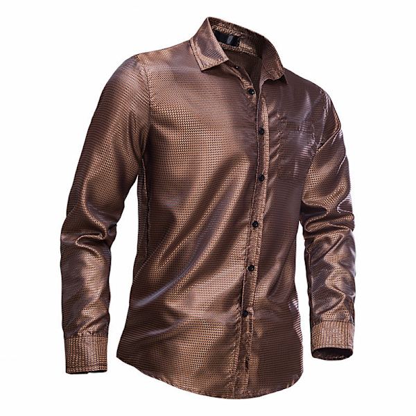Menn's Glossy Lomme Langærmet Lapel Trykket Skjorte Coffee M
