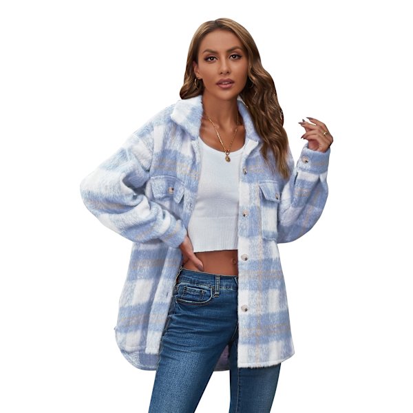 Dametøj Langærmet Casual Plaid Shacket Jakker Skjorter Lapel Tweed Peacoat Light Blue M