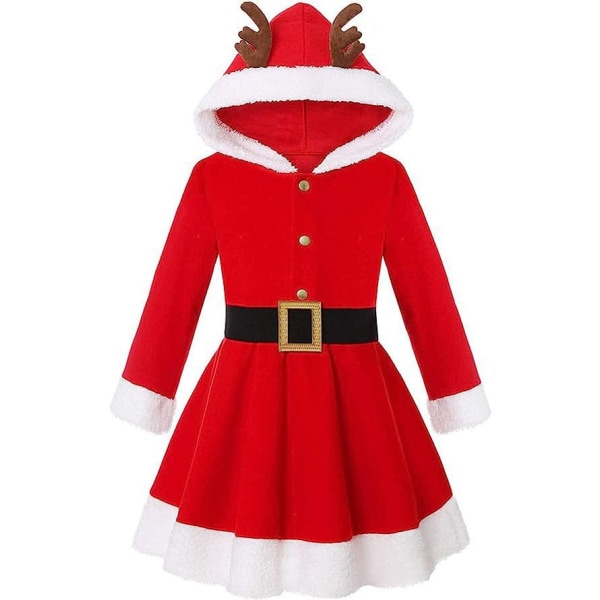 Flickor Jul Fru Jultomten Kostym Röd sammet Hoodie Klänning 110cm