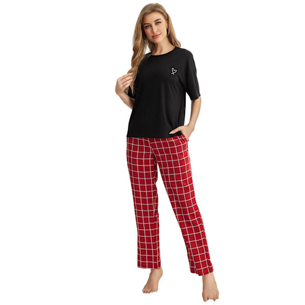 Dam Lounge Set i Bomull och Linne, Kortärmad Topp, Pyjamas, Långa Byxor Red M