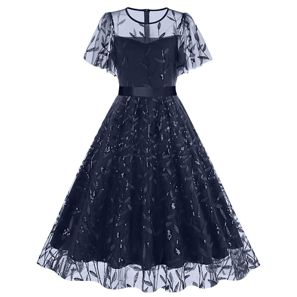 Kvinners 1950-talls Vintage Blomsterbrodert 3/4 Erme Mesh Midi Swing Dress Navy Blue M