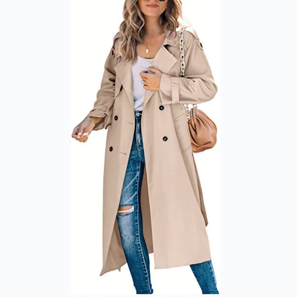 Dame Lang Dobbeltbrystet Trenchcoat med Bælte Khaki M