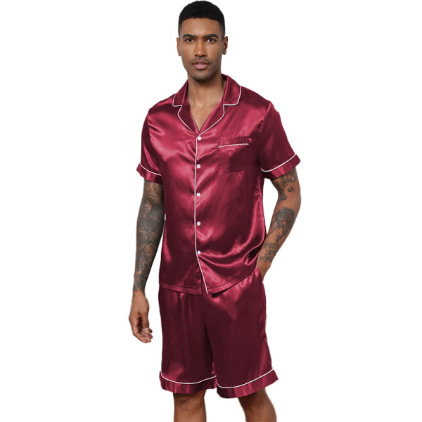 Mænds Satin Pyjamasæt 2 Dele Loungewear Knapliste Pjs Sæt red M