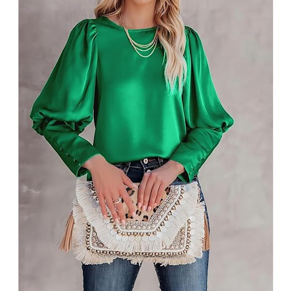 Satinbluse med Puff-ermer for kvinner - Avslappet og løs topp Green XL