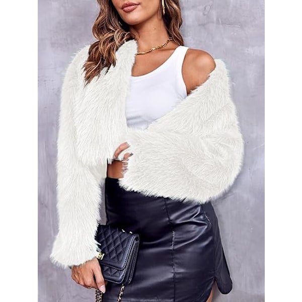 Kvinnors Mode Klippt Konstpälsjacka Långärmad Öppen Fram Kort Kavaj White XL