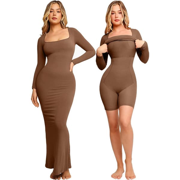 Långärmad Maxiklänning Bodycon Cocktailklänning Coffee M