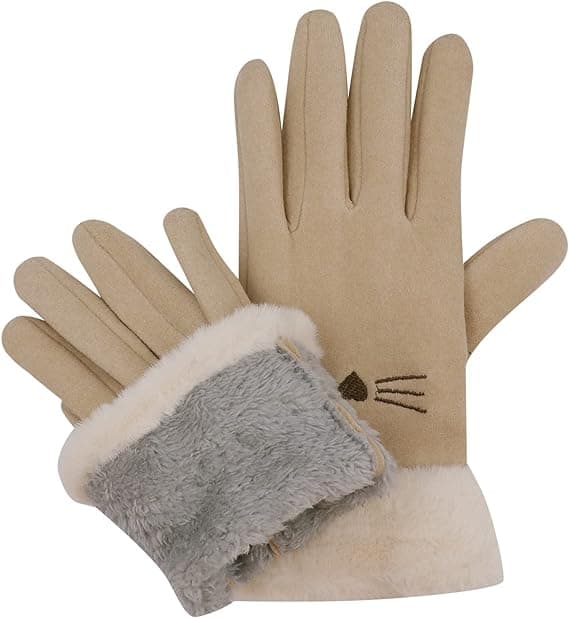 Dame Suede Handsker Søde Kat Fleeceforet Varme Handsker Beige
