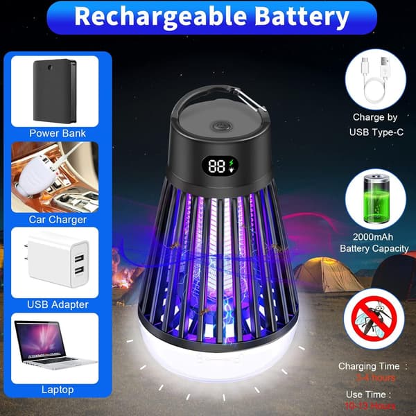 Bug Zapper Udendørs og Indendørs - Genopladelig Myg- og Fluefanger black