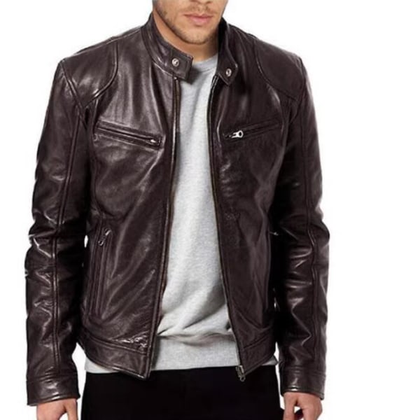 Mænds Slim Fit Stand Collar Læderjakke Brown L