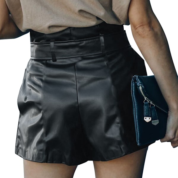 Faux Läder Shorts Hög Midja Vidsben med Fickor för Kvinnor M