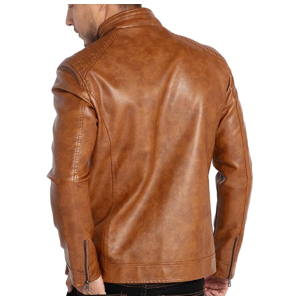 Läderjacka med ståkrage för män Motorcykel ytterkläder brown M