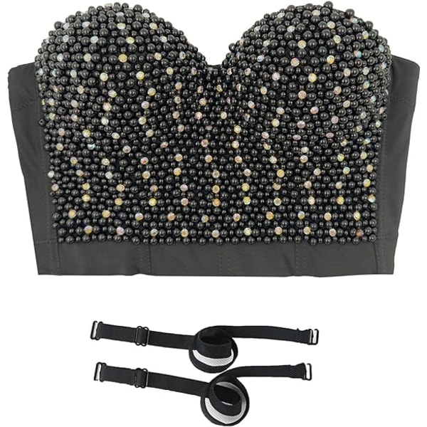 Sexig Pärlor och Rhinestone-Dekorerad Bustier Crop Top Black 36b