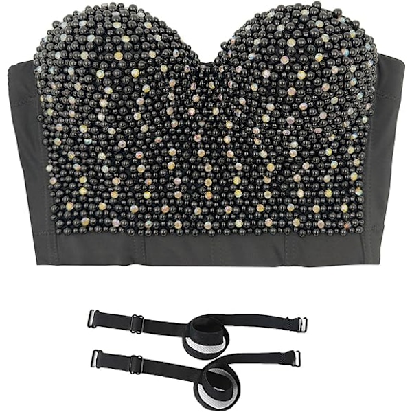 Sexy Perlebesat Rhinestone Bustier Crop Top Black 34