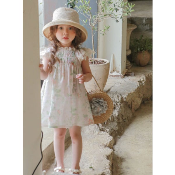 Nya blommiga klänningar med elastiska spetsärmar för barn white 130