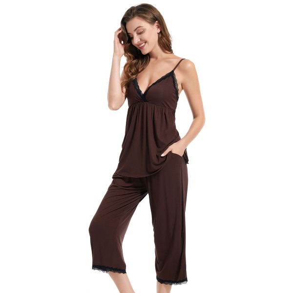 Dam Cami Pyjamas Set Sleepwear Lace PJ Set coffee S