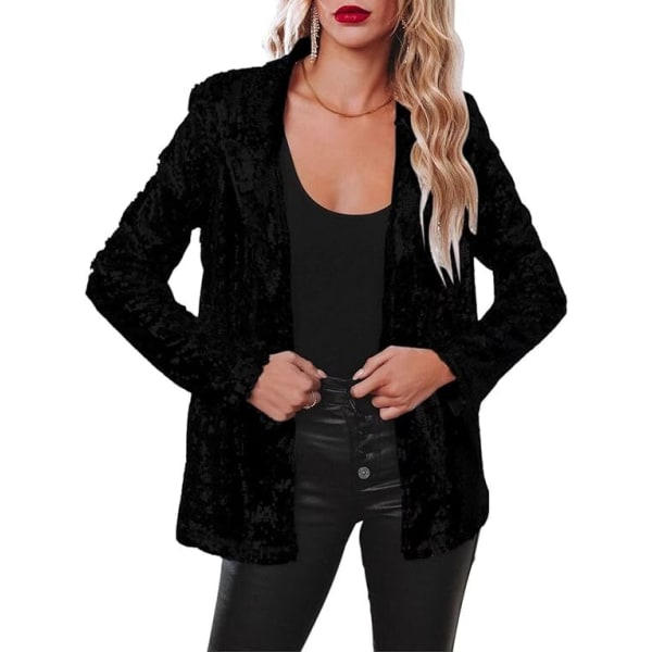 Kvinnors Sekvensbluse Glitter Glimrande Öppen Fram Casual Långärmad Blazer Kavaj Black L