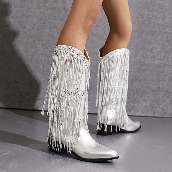 Damer Fringe Metallic Cowboy Støvler Silver 35