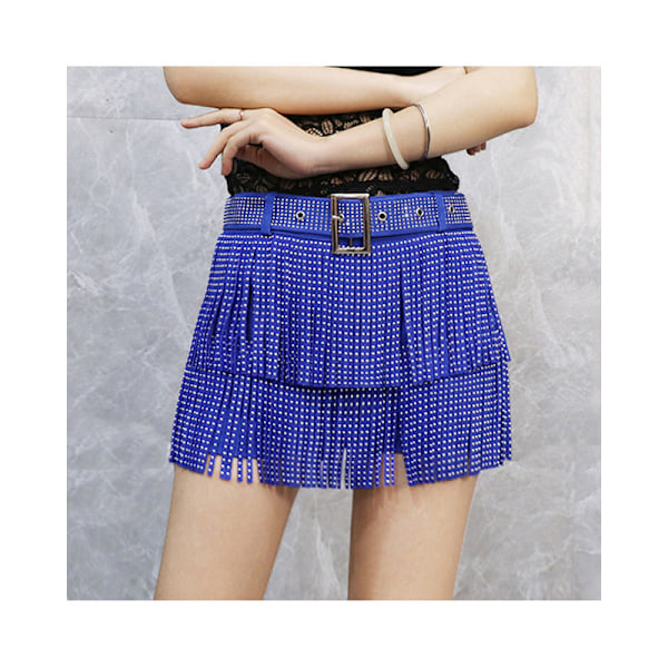 Dam Sparkle Rhinestone Franskjol Elastiskt Midjeband Kort Mini Klänning Blue 4XL