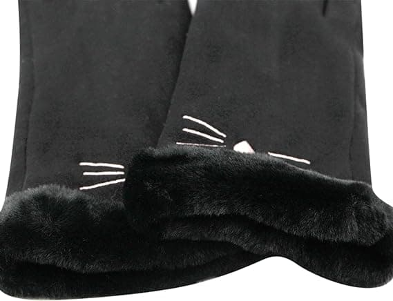 Dame Suede Handsker Søde Kat Fleeceforet Varme Handsker Black