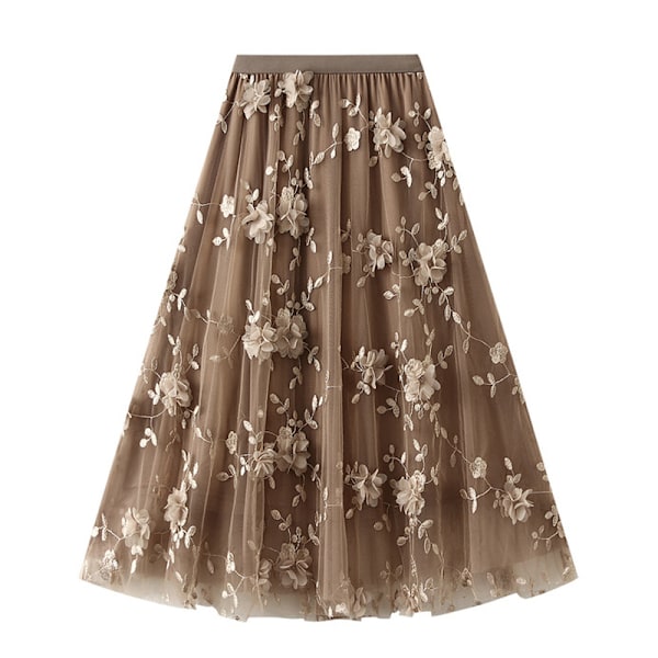 Damkjol Midi-kjol med Blommor Hög Midja A-linje Söt Lagerad Fe-Mesh Tulle Plisserad Kjole Khaki