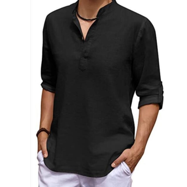 Herrskjorta i bomullslinne med knytknapp på mitten av ärmen Black XL